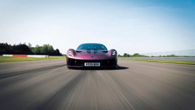 Lotus Evija electric hypercar in Violaceous paint shifting between purple and orange.