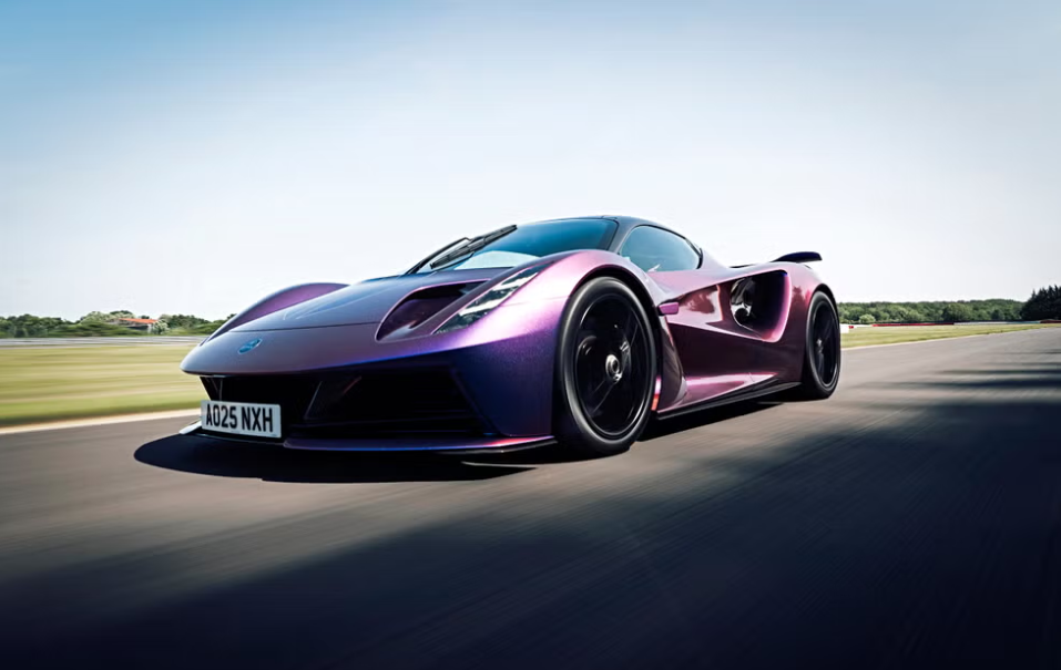 Lotus Evija speeding on Hethel test track at 185 mph.