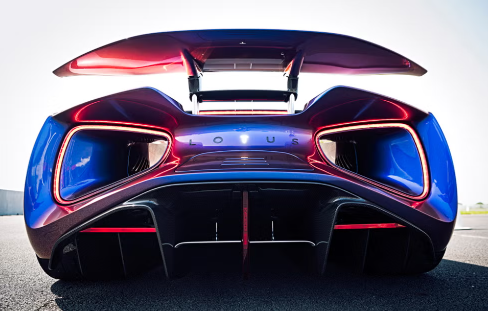 Rear view of Lotus Evija showcasing aerodynamic design and LED taillights.