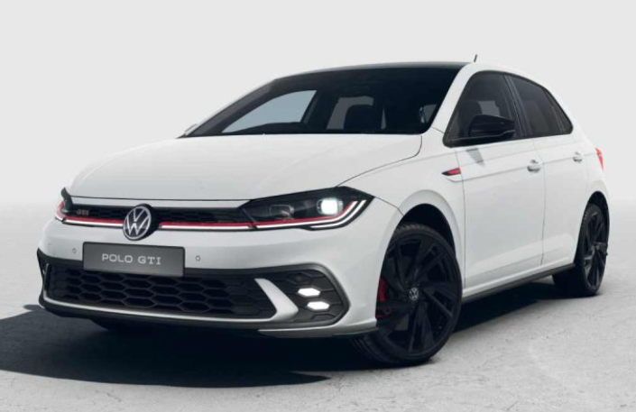 2025 Volkswagen Polo GTI Black Style front view with gloss-black wheels