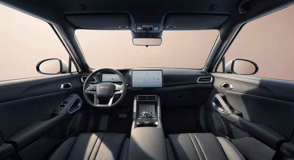 Interior of BYD Atto 2 with panoramic glass roof and 12.8-inch touchscreen