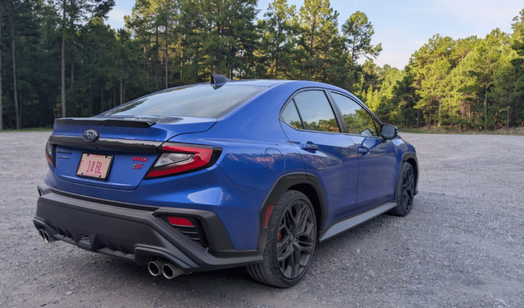 Rear profile of Subaru WRX tS showing LED taillights and trunk