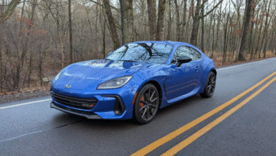 2024 Subaru BRZ tS sports coupe in blue on a mountain road