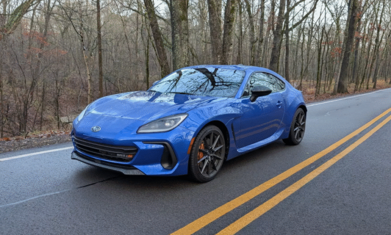2024 Subaru BRZ tS sports coupe in blue on a mountain road