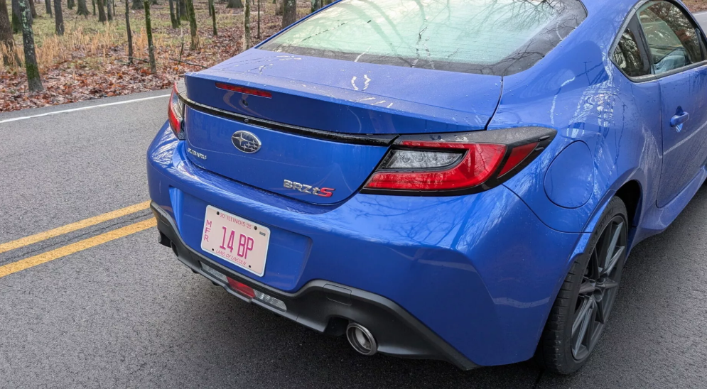 Rear view of Subaru BRZ highlighting LED tail lights and ducktail spoiler