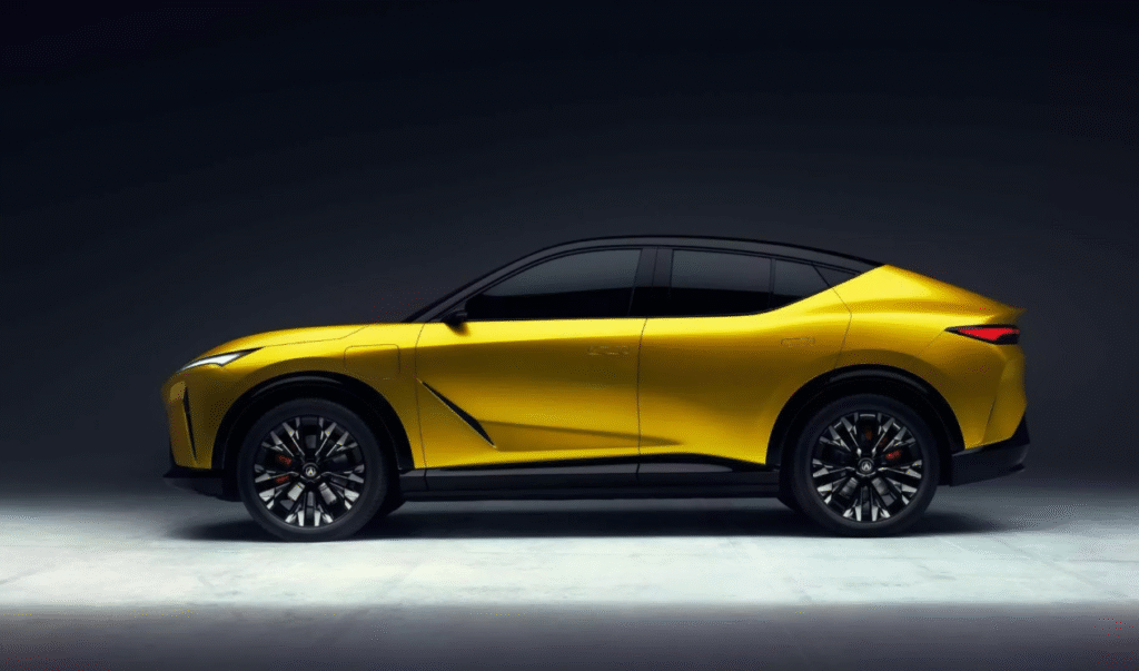 Side profile of Acura RSX electric SUV with coupe-like roofline and 21-inch alloy wheels