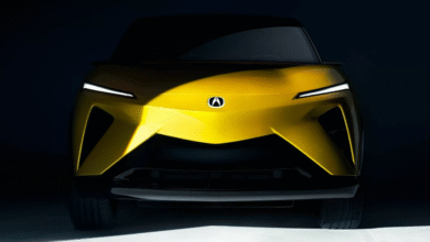 Front view of Acura RSX Prototype with split LED headlights and bold grille