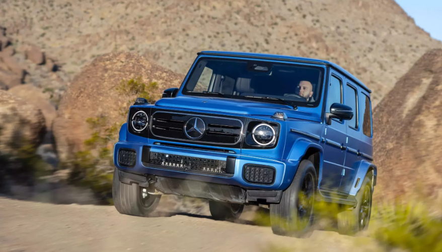 Mercedes G580 EQ front view showcasing its iconic G-Wagon boxy design