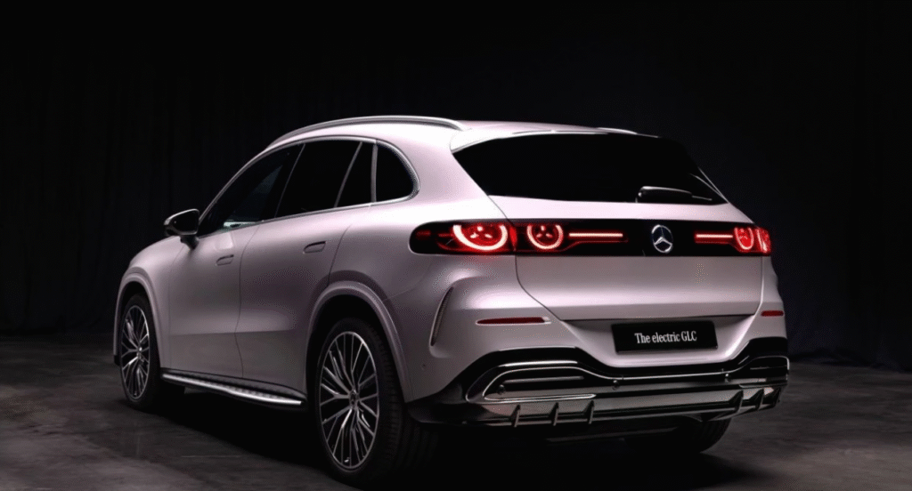 Rear view of Mercedes GLC Electric with futuristic LED lighting