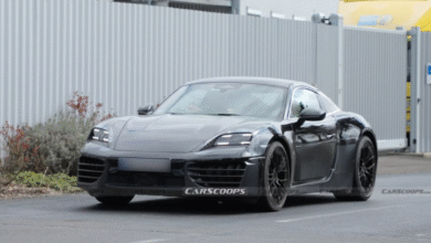 Porsche EV prototype during testing with camouflage wrap