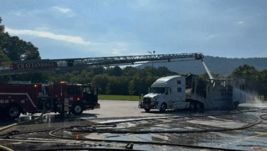 Burned transporter trailer after supercar fire in Chattanooga