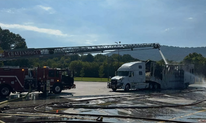 Burned transporter trailer after supercar fire in Chattanooga
