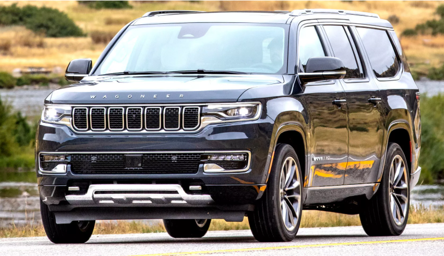 Teaser of 2026 Jeep Grand Wagoneer with slimmer headlights and new grille