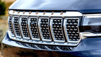 Teaser of 2026 Jeep Grand Wagoneer with slimmer headlights and new grille