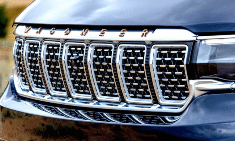 Teaser of 2026 Jeep Grand Wagoneer with slimmer headlights and new grille