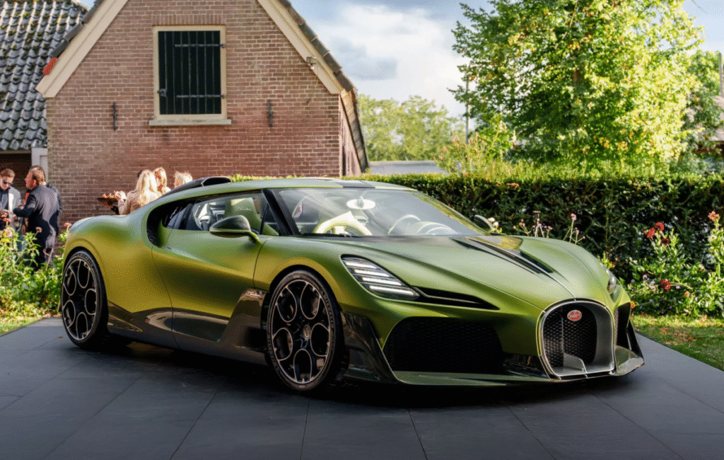 Bugatti Brouillard front view with horseshoe grille and vibrant green finish