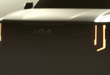 2027 Kia Telluride teaser image showing vertical LED headlights and grille design
