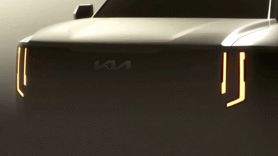 2027 Kia Telluride teaser image showing vertical LED headlights and grille design