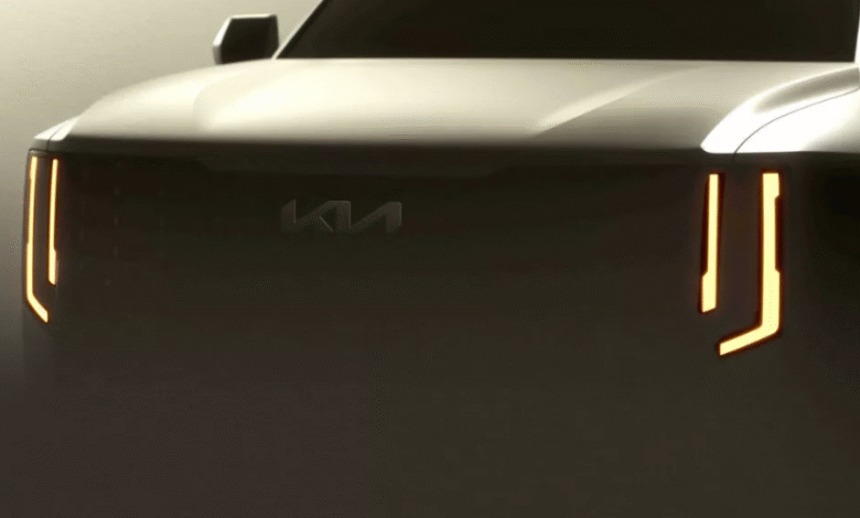 2027 Kia Telluride teaser image showing vertical LED headlights and grille design