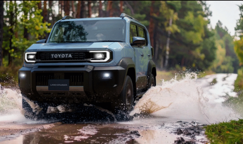 2026 Toyota Land Cruiser FJ front view with round LED headlights and rugged bumper